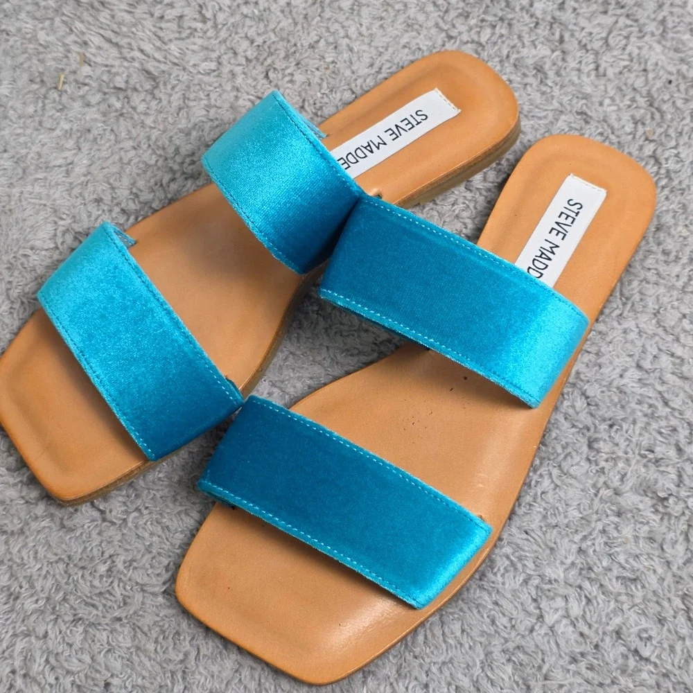 Steve Madden Leather Slides Sandals Womens 6M Blue Velvet Slip On Square Toe NEW